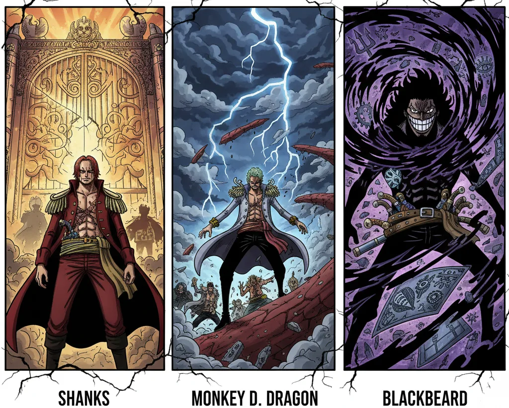 The Wildcard Factions Conceptual art of Blackbeard, Shanks, and Dragon.