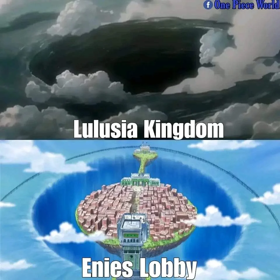 Enies Lobby and the Flooded Wano Image showing Enies Lobby's hole and a destructive force reference.